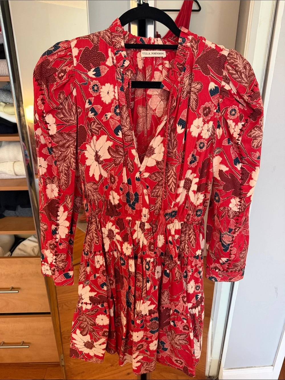 Ulla Johnson Red Floral V-Neck Long Sleeve Tiered Dress